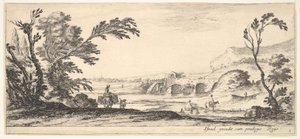 Talíř 3: dva jezdci překračující řeku doprava, žena se dvěma košíky na oslu..., ca. 1641. od Stefano della Bella