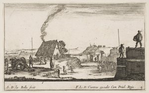 Deska 4: Vojenské ležení s vojákem stojícím na parapetu vpravo beati..., ca. 1641. od Stefano della Bella