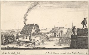 Deska 4: Vojenské ležení s vojákem stojícím na parapetu vpravo beati..., ca. 1641. od Stefano della Bella