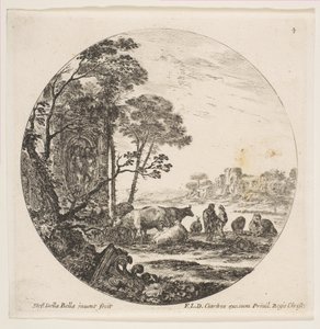 Deska 4: korintská kapitálka na zemi vlevo, pomník s postavami v nízké re..., ca. 1646. od Stefano della Bella