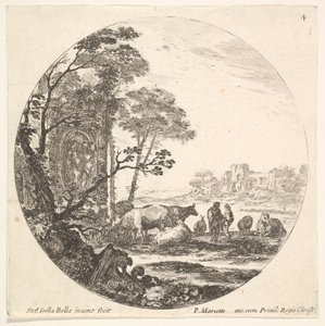 Deska 4: korintská kapitálka na zemi vlevo v popředí, pomník w..., ca. 1643-48. od Stefano della Bella
