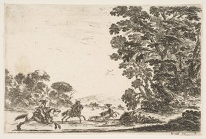 Deska 4: hon na jelena, dva jezdci cválající vlevo za třemi psy a jelenem..., 1642. od Stefano della Bella