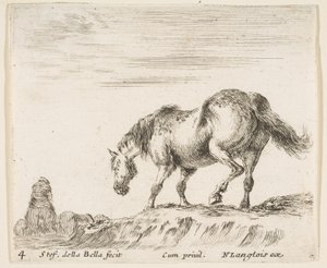 Deska 4: kůň z profilu směřující doleva, který se chystá sestoupit z kopce, kůň..., ca. 1644-47. od Stefano della Bella
