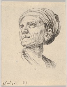 Deska 4: hlava stařeny s čepicí, pohled vlevo od Různé hlavy a postavy..., 1650. od Stefano della Bella