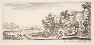 Deska 4: dva poutníci pozorující ruiny vpravo, jeden ukazuje vpravo, ovčák..., ca. 1641. od Stefano della Bella