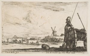 Talíř 5: Pikeman stojící hned vedle děla, další vojenské postavy..., ca. 1641. od Stefano della Bella