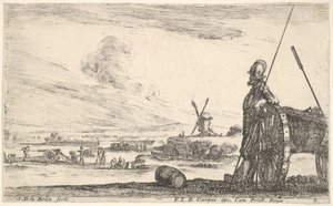 Talíř 5: Pikeman stojící hned vedle děla, další vojenské postavy v ba..., ca. 1641. od Stefano della Bella