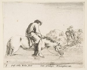 Deska 5: bosý rolník na koni překračující řeku, jiný rolník na koni..., ca. 1644-47. od Stefano della Bella