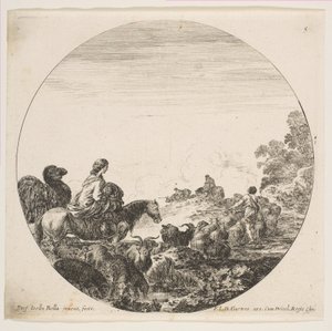 Talíř 5: vlevo žena nesoucí dítě na koni, za ní velbloud, stádo..., ca. 1646. od Stefano della Bella