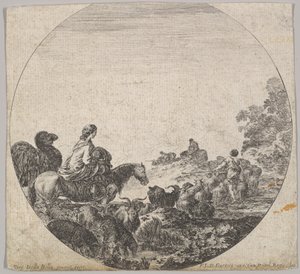 Talíř 5: žena nesoucí dítě na koni vlevo, velbloud za ní, stádo..., ca. 1643-48. od Stefano della Bella