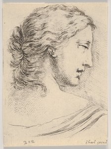 Deska 5: hlava ženy, otočená z profilu doprava, z Různé hlavy a postavy..., 1650. od Stefano della Bella