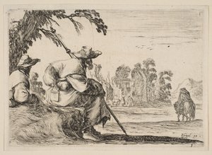 Deska 5: vlevo odpočívají dva poutníci s klobouky, při pohledu zezadu jede jezdec do války..., 1642. od Stefano della Bella