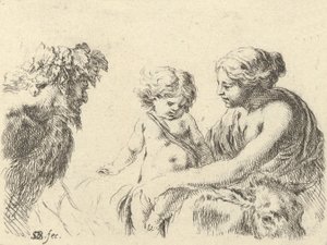 Talíř 6: žena vpravo držící své dítě, které sedí na oslu, satyr v l..., ca. 1646. od Stefano della Bella