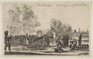 Talíř 6: baterie děl střílejících na město, z Various Military Caprices Varii ..., ca. 1641. od Stefano della Bella