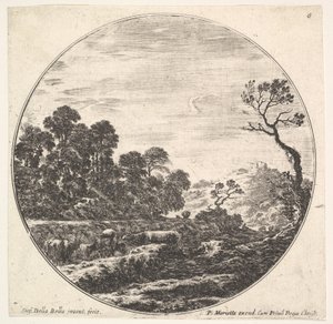 Talíř 6: krávy křižující údolí vlevo, skupina stromů vlevo, jezdec a o..., ca. 1643-48. od Stefano della Bella
