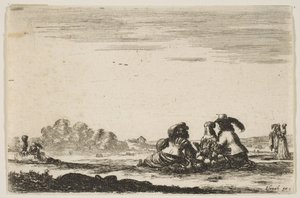 Deska 7: Dva šlechtici sedící uprostřed, při pohledu zezadu, rozmlouvají se šlechtičnou moře..., 1642. od Stefano della Bella