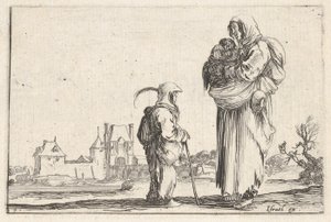 Talíř 7: rolnická žena nesoucí dítě doprava, mluvící s jiným stojícím dítětem..., ca. 1642. od Stefano della Bella