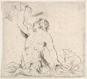 Talíř 7: triton ve vodě, čelem doleva, v pravé ruce drží úhoře a t..., ca. 1646. od Stefano della Bella
