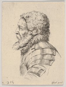 Deska 7: busta vousatého vojáka v brnění, obrácená z profilu doleva, z Různého..., 1650. od Stefano della Bella