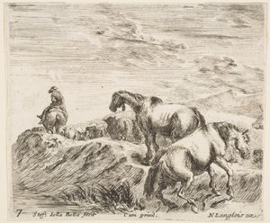 Talíř 7: dva koně stoupající po břehu řeky vpravo za průvodem ..., ca. 1644-47. od Stefano della Bella