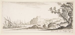 Talíř 7: různé čluny na břehu vlevo, muž nesoucí tašku, viděno zezadu a wa..., ca. 1641. od Stefano della Bella