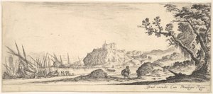 Talíř 7: různé čluny na břehu vlevo, muž nesoucí tašku, viděno zezadu a wa..., ca. 1641. od Stefano della Bella