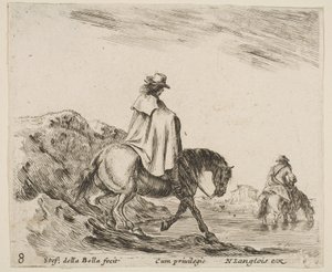Deska 8: jezdec sjíždí z břehu řeky, další jezdec v řece vpravo, od ..., ca. 1644-47. od Stefano della Bella