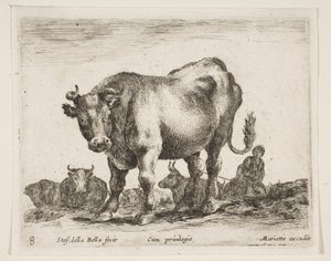 Talíř 8: kráva, z Různá zvířata Diversi animali, ca. 1641. od Stefano della Bella