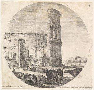 Deska 8: Koloseum, dvě stáda směřující k amfiteátru v před..., ca. 1643-48. od Stefano della Bella