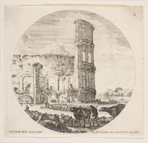 Deska 8: Koloseum, dvě stáda směřující k amfiteátru v popředí..., ca. 1646. od Stefano della Bella