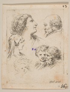 Talíř 9: pět hlav, dvě mladé ženy vlevo, vousatý muž vpravo nahoře, mladá žena..., ca. 1649. od Stefano della Bella