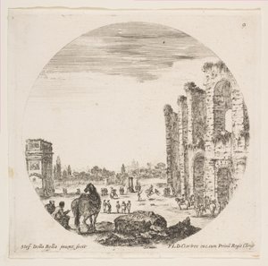 Deska 9: Konstantinův oblouk vlevo, část Kolosea vpravo, různé hor..., ca. 1646. od Stefano della Bella