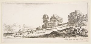 Talíř 9: dva jezdci vlevo cválající do kopce vpravo, kůň a sedící m..., ca. 1641. od Stefano della Bella