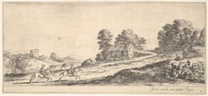 Talíř 9: dva jezdci vlevo cválající do kopce vpravo, kůň a sedící m..., ca. 1641. od Stefano della Bella