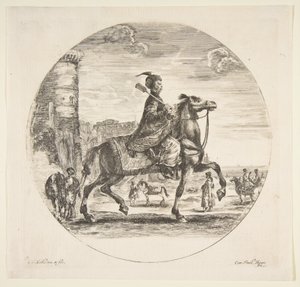 Polský jezdec z profilu vpravo, věž a další postavy na koních v pozadí..., ca. 1651. od Stefano della Bella