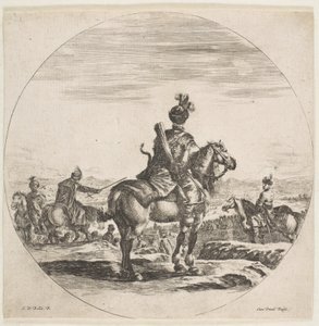Polský jezdec s lukem a šípem, při pohledu zezadu s koněm obráceným vpravo, ..., ca. 1651. od Stefano della Bella
