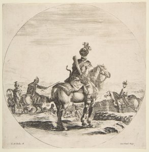 Polský jezdec s lukem a šípem, při pohledu zezadu s koněm obráceným vpravo, ..., ca. 1651. od Stefano della Bella