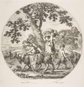 Satyrská rodina kráčející vlevo se dvěma kozami a košem hroznů, ca. 1657. od Stefano della Bella