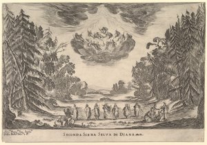 Druhá scéna, v Dianině lese, ze svatby bohů Le nozze degli Dei, 1637. od Stefano della Bella