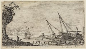 Mořské scenérie (Paysages maritimes): Přístav s námořníky a dělníky, kteří přepravují dřevěné klády od Stefano della Bella