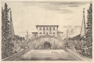 Vila uprostřed lemovaná čtyřmi obelisky, schodištěm na obě strany, sochou v ..., ca. 1653. od Stefano della Bella