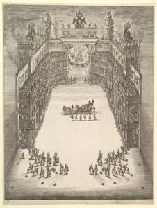 Divadlo v Modeně, viděné shora a plné diváků, s triumfálním vozem v cen..., 1652. od Stefano della Bella