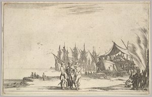Tři muži v klobouku stojící uprostřed, muži připevňující loď doprava, pět lodí a různé..., 1639. od Stefano della Bella