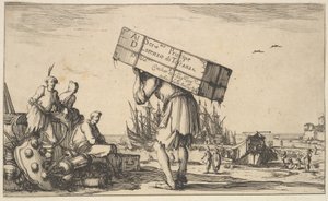 Titulní strana: muž nesoucí pouzdro na zádech uprostřed, tři muži se k němu dívají na ..., 1639. od Stefano della Bella