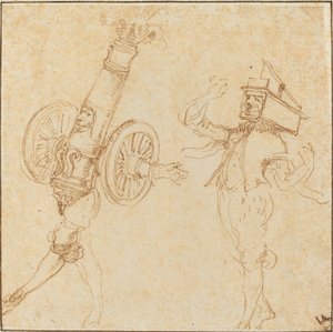 Dva muži v maškarních kostýmech: Střelba z děla a kočka uvnitř pasti na myši, c. 1645. od Stefano della Bella