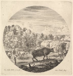 Dvě krávy uprostřed, za nimi dvě rolnice a další krávy v řece do le..., ca. 1643-48. od Stefano della Bella