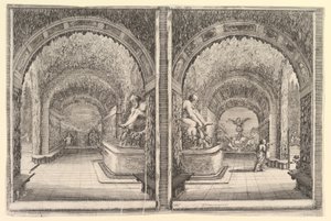 Dva pohledy na jeskyni, oba pohledy s fontánou se sedící sochou, při pohledu z ..., ca. 1653. od Stefano della Bella