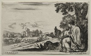Různé postavy a krajiny: Chudá sestra sedící pod stromem, 1649. od Stefano della Bella