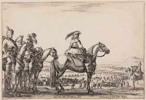 Různé postavy (Varie figure): Armáda na pochodu v rovině. Na vyvýšenině v popředí velitel a jeho doprovod, vpravo trubač od Stefano della Bella