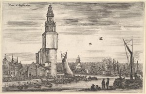 Pohled na Amsterdam Vu Amsterdam, věž a domy vlevo, muži stojící na molu ..., 1647. od Stefano della Bella